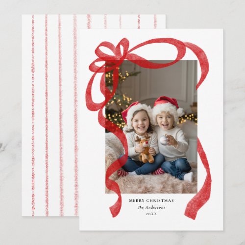 Red Bow Whimsical Simple Photo Family Christmas Holiday Card