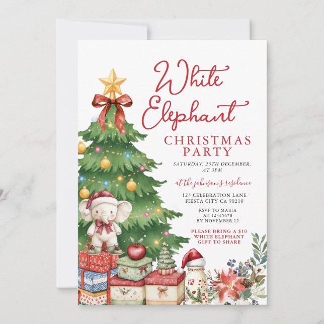 Red Bow White Elephant Christmas Party Exchange Invitation (Front)
