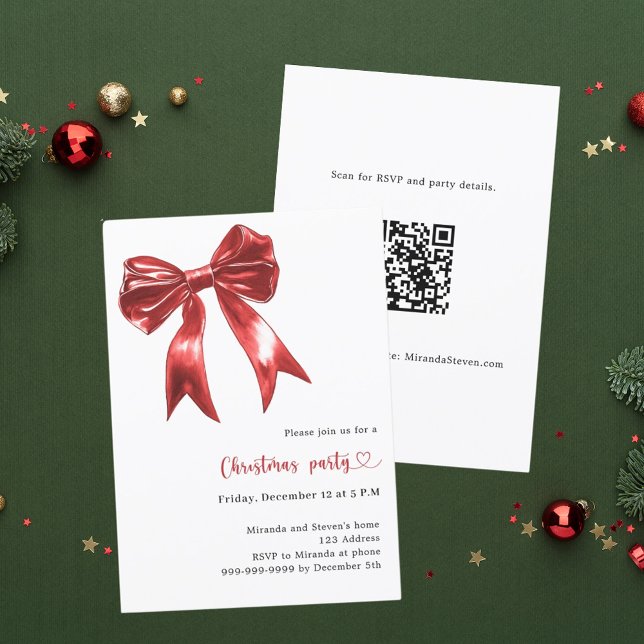 Red bow white QR code Christmas Party Invitation (Creator Uploaded)