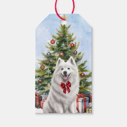 Red Bow White Samoyed Dog Christmas Tree Gift Tags