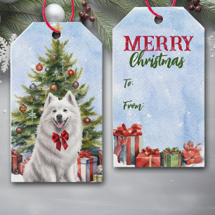 Red Bow White Samoyed Dog Christmas Tree Gift Tags