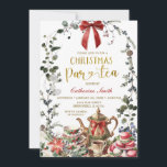 Red Bow Winter Greenery Christmas Tea Party Invitation<br><div class="desc">Celebrate the joy of the season with this elegant Christmas Tea Party Invitation,  featuring a charming watercolor teacup arrangement surrounded by festive florals,  pinecones,  and holiday greenery.</div>