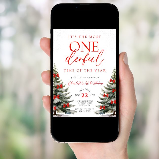 Red Bow Winter Onerderland 1st Birthday Invitation (Front Digital)