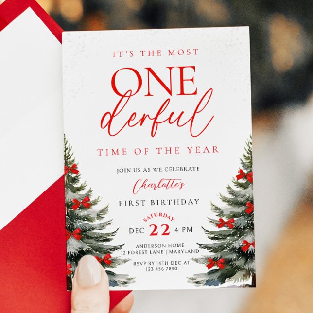 Red Bow Winter Onerderland 1st Birthday Invitation (Creator Uploaded)