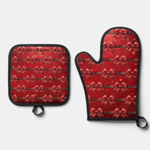 Red Bow with Pearls and Jewels Oven Mitt & Pot Holder Set