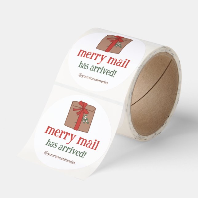 Red Bow Wrapped Envelope Merry Mail Small Business Classic Round Sticker (Roll)
