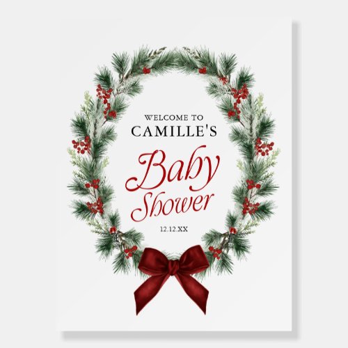Red Bow Wreath Christmas Baby Shower Welcome Sign