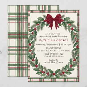 Red Bow Wreath Christmas Engagement Party Invitation