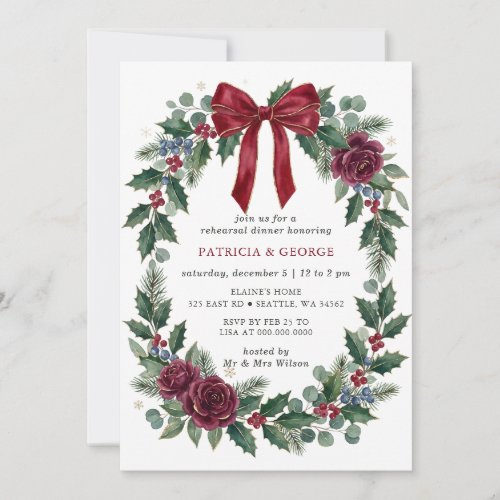Red Bow Wreath Christmas Rehearsal Dinner Invitation