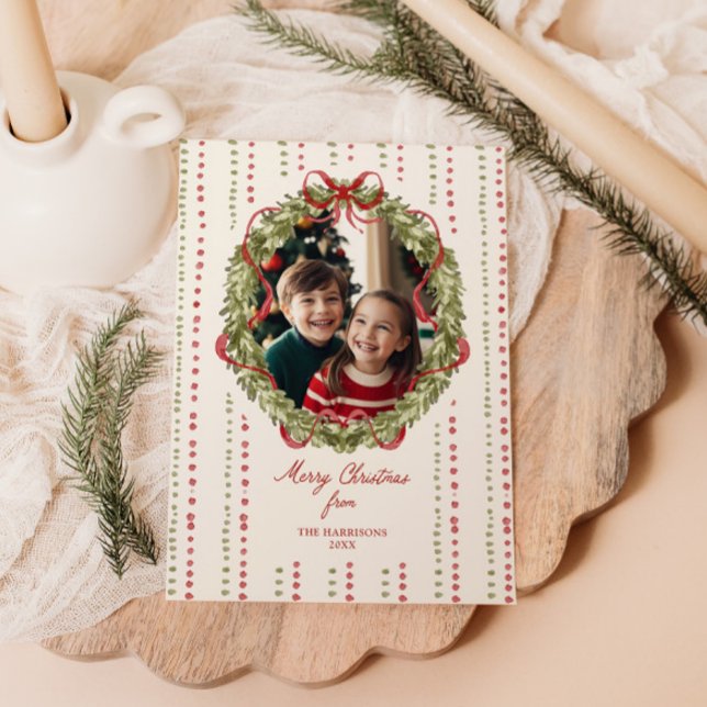 Red Bow Wreath Photo  Holiday Card (Creator Uploaded)