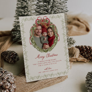 Red Bow Wreath Photo Holiday Card