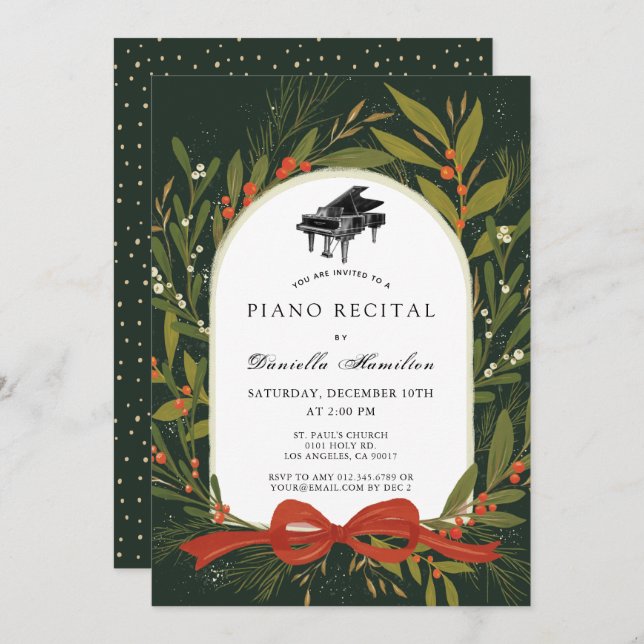 Red Bow Wreath Piano White Recital Invitation (Front/Back)