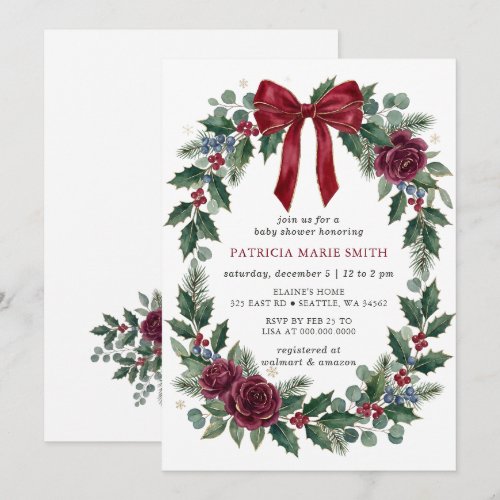 Red Bow Wreath Winter Christmas Baby Shower Invitation