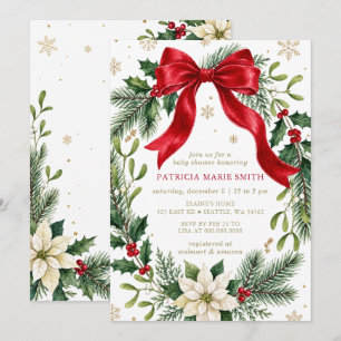 Red Bow Wreath Winter Christmas Baby Shower Invitation