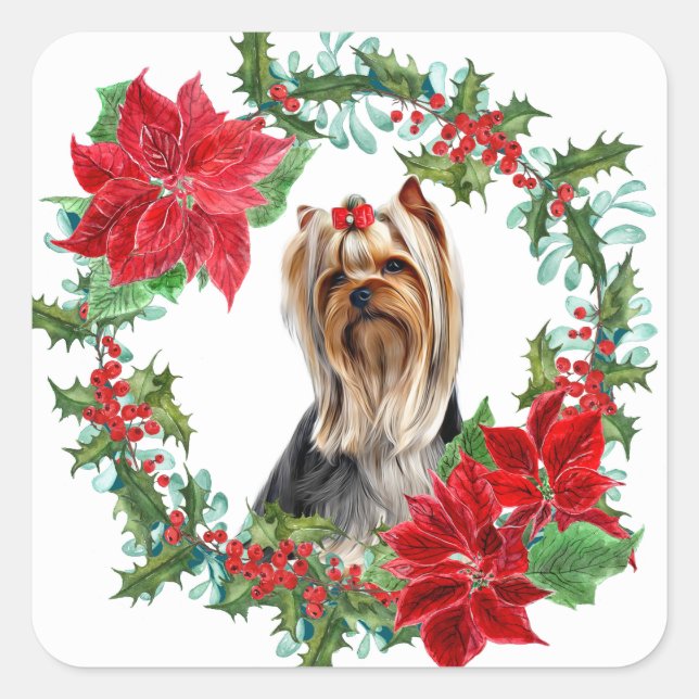 Red Bow Yorkshire Terrier Poinsettia Holly Wreath Square Sticker (Front)