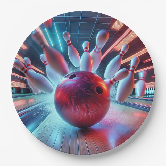 Red Bowling Ball Strike Paper Plates (Front)