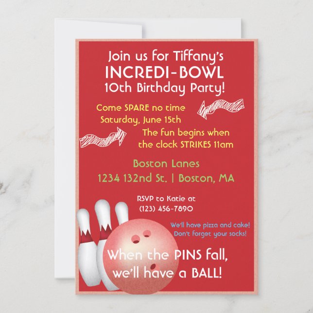 Red Bowling Birthday Invitation (Front)
