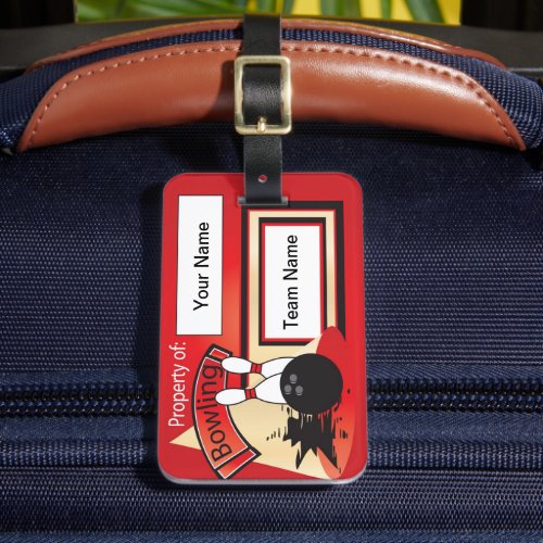 Red Bowling Pins and Ball   Bowler Luggage Tag