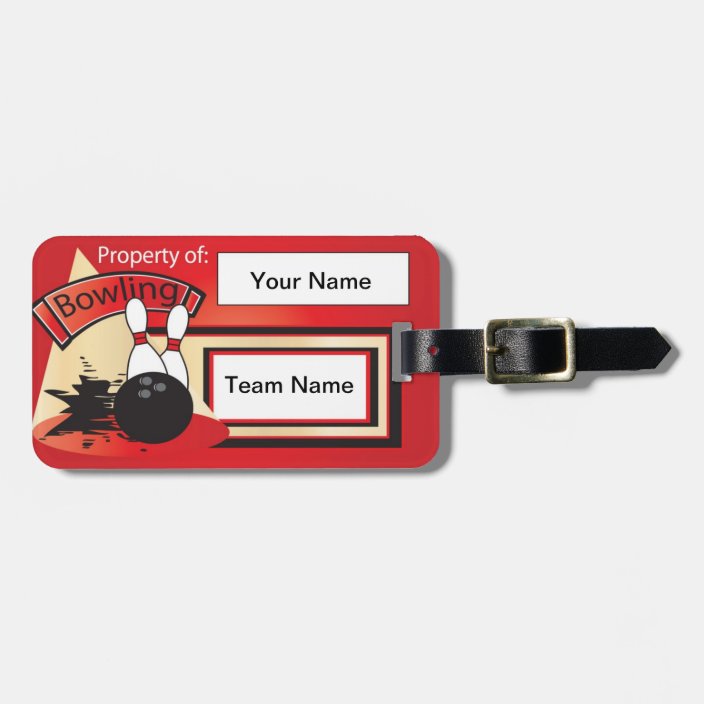 Red Bowling Pins and Ball Bowler Luggage Tag