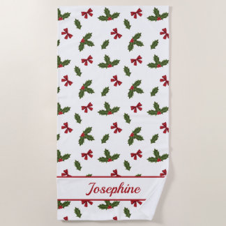 Red Bows And Christmas Holly Plants Pattern &amp; Name Beach Towel