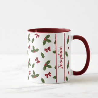 Red Bows And Christmas Holly Plants Pattern &amp; Name Mug