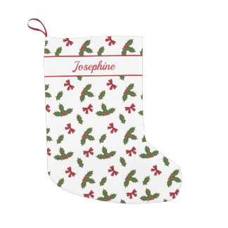Red Bows And Christmas Holly Plants Pattern &amp; Name Small Christmas Stocking
