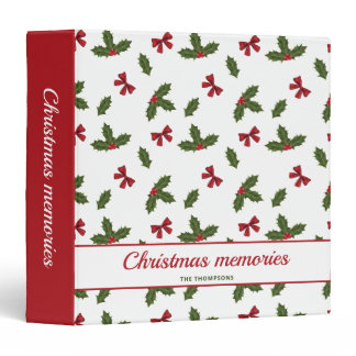 Red Bows And Christmas Holly Plants Pattern &amp; Text 3 Ring Binder