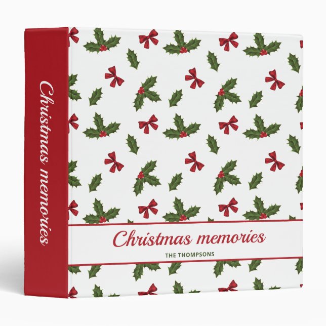 Red Bows And Christmas Holly Plants Pattern & Text 3 Ring Binder (Front/Spine)