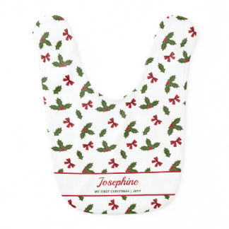 Red Bows And Christmas Holly Plants Pattern &amp; Text Baby Bib