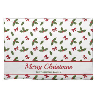 Red Bows And Christmas Holly Plants Pattern &amp; Text Cloth Placemat