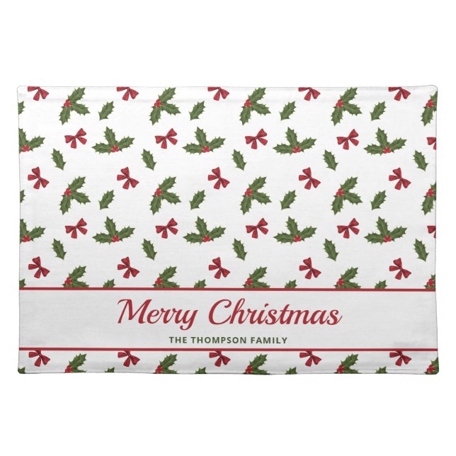 Red Bows And Christmas Holly Plants Pattern & Text Cloth Placemat (Front)