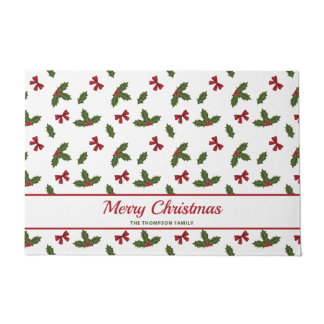 Red Bows And Christmas Holly Plants Pattern &amp; Text Doormat
