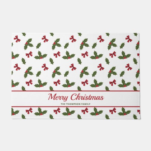 Red Bows And Christmas Holly Plants Pattern  Text Doormat