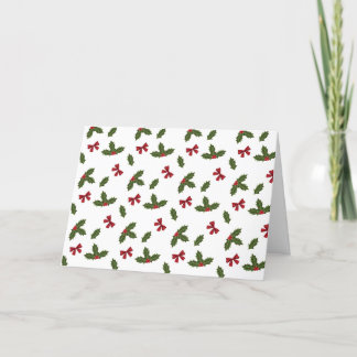 Red Bows And Christmas Holly Plants Pattern &amp; Text Holiday Card