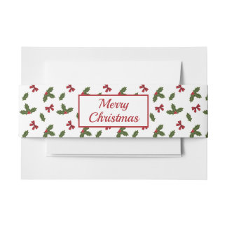 Red Bows And Christmas Holly Plants Pattern &amp; Text Invitation Belly Band