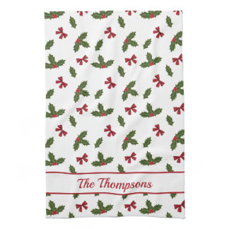 Red Bows And Christmas Holly Plants Pattern &amp; Text Kitchen Towel