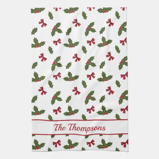 Red Bows And Christmas Holly Plants Pattern & Text Kitchen Towel (Vertical)
