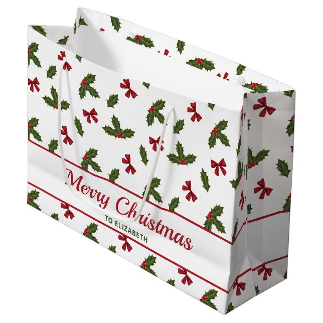 Red Bows And Christmas Holly Plants Pattern & Text Large Gift Bag (Front Angled)