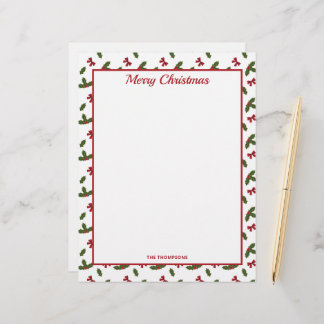 Red Bows And Christmas Holly Plants Pattern &amp; Text Letterhead
