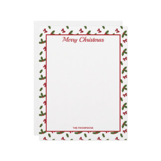 Red Bows And Christmas Holly Plants Pattern & Text Letterhead