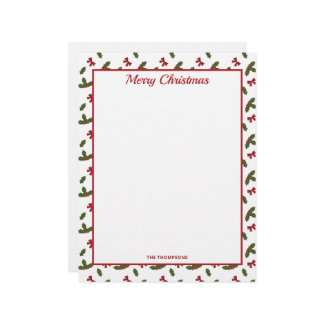 Red Bows And Christmas Holly Plants Pattern &amp; Text Letterhead