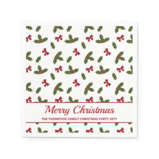 Red Bows And Christmas Holly Plants Pattern &amp; Text Napkins