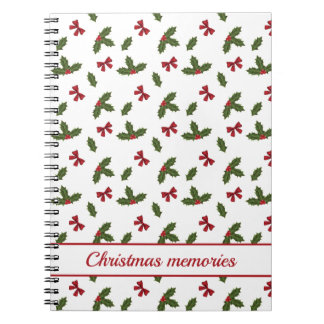 Red Bows And Christmas Holly Plants Pattern &amp; Text Notebook