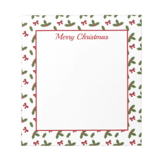 Red Bows And Christmas Holly Plants Pattern &amp; Text Notepad