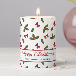 Red Bows And Christmas Holly Plants Pattern &amp; Text Pillar Candle