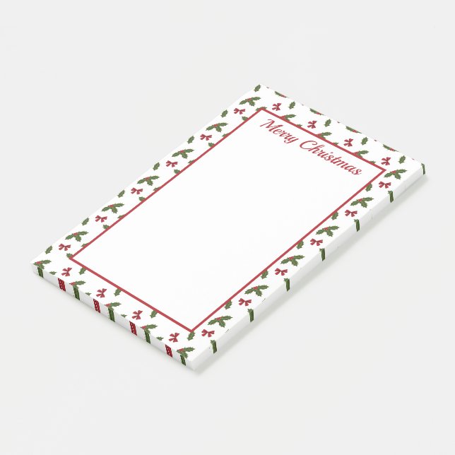 Red Bows And Christmas Holly Plants Pattern & Text Post-it Notes (Angled)