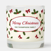 Red Bows And Christmas Holly Plants Pattern & Text Scented Candle (Front)