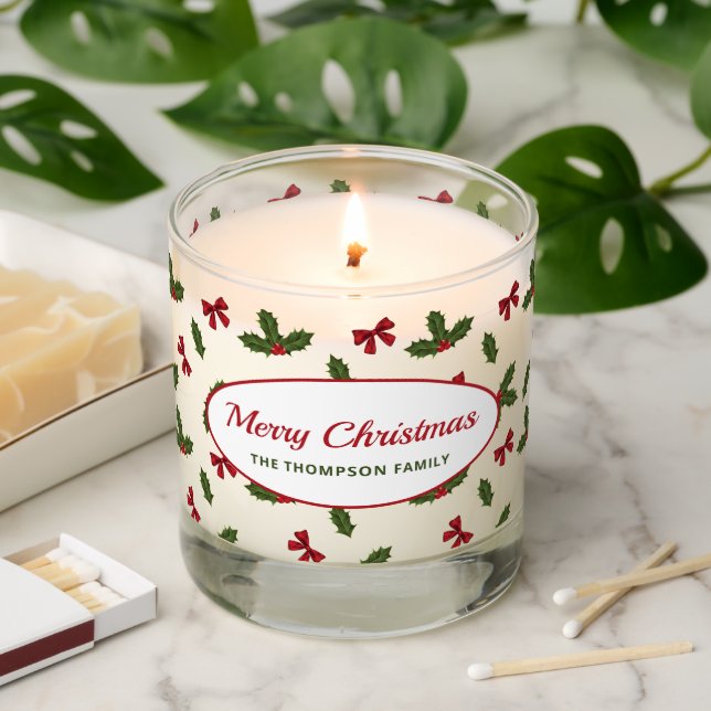 Red Bows And Christmas Holly Plants Pattern & Text Scented Candle (Lit)