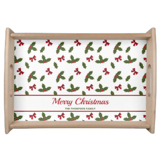 Red Bows And Christmas Holly Plants Pattern &amp; Text Serving Tray