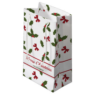 Red Bows And Christmas Holly Plants Pattern &amp; Text Small Gift Bag